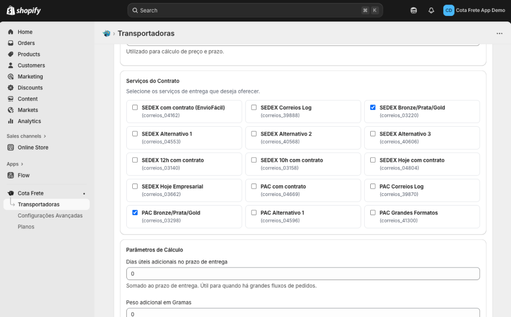Selecionando os serviços de entrega dos Correios