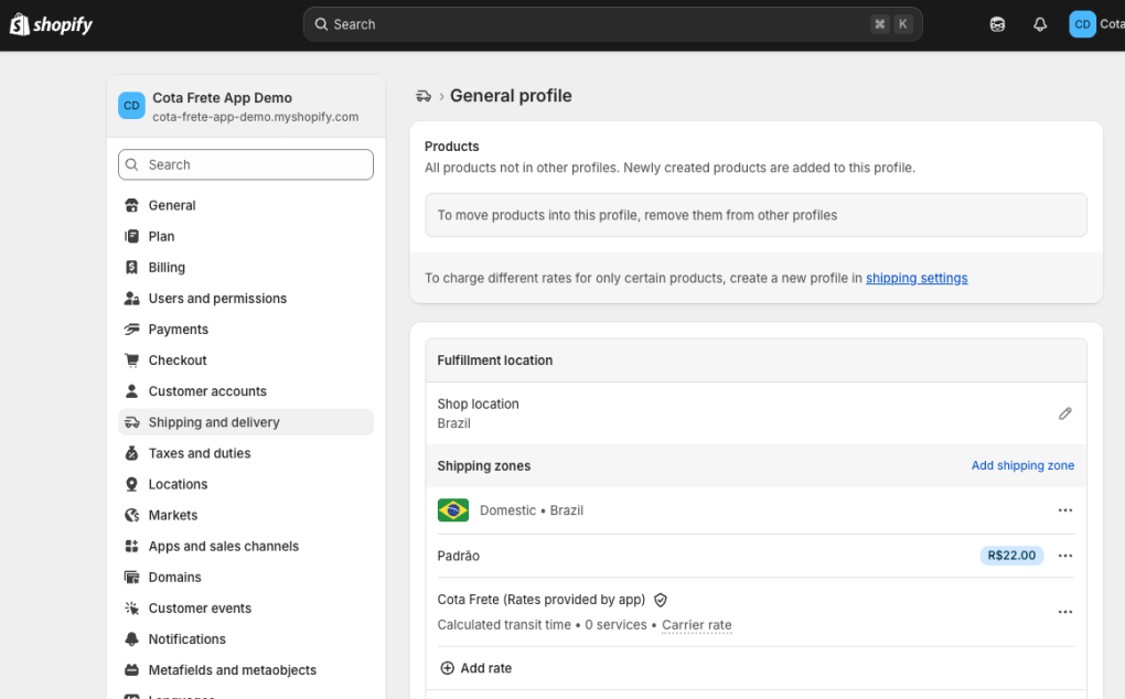 Cota Frete listado nas configurações de frete da Shopify