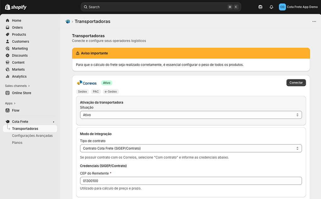 Configurando a transportadora Correios no Cota Frete