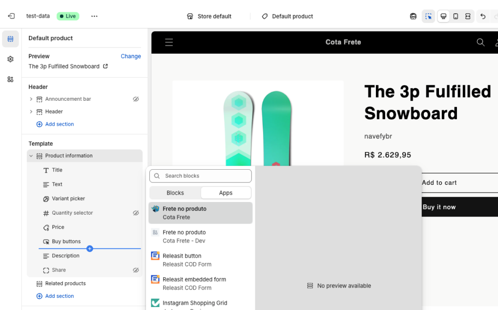 Adicionando o bloco do Cota Frete no editor de temas da Shopify