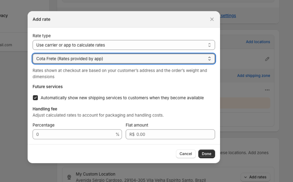 Selecione Cota Frete para calcular as tarifas