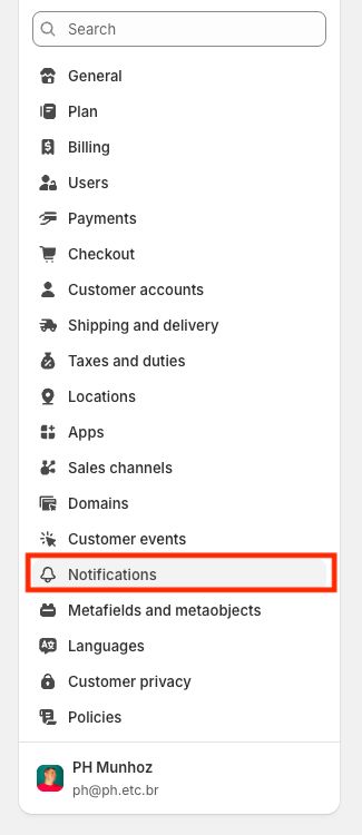 Menu de Configurações da Shopify com Notificações destacado