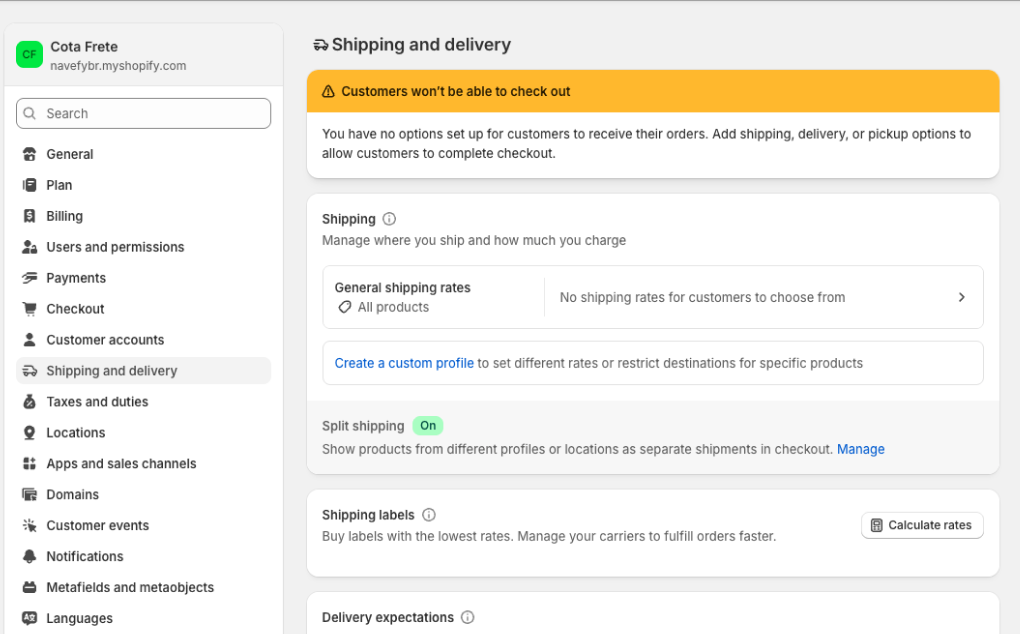 Botão Gerenciar nas tarifas de frete da Shopify