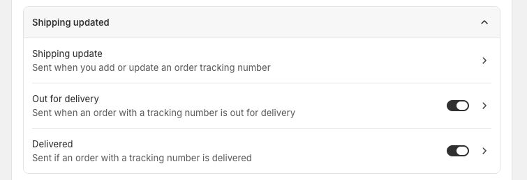 Seção Shipping updated com os avisos Out for delivery e Delivered ativados