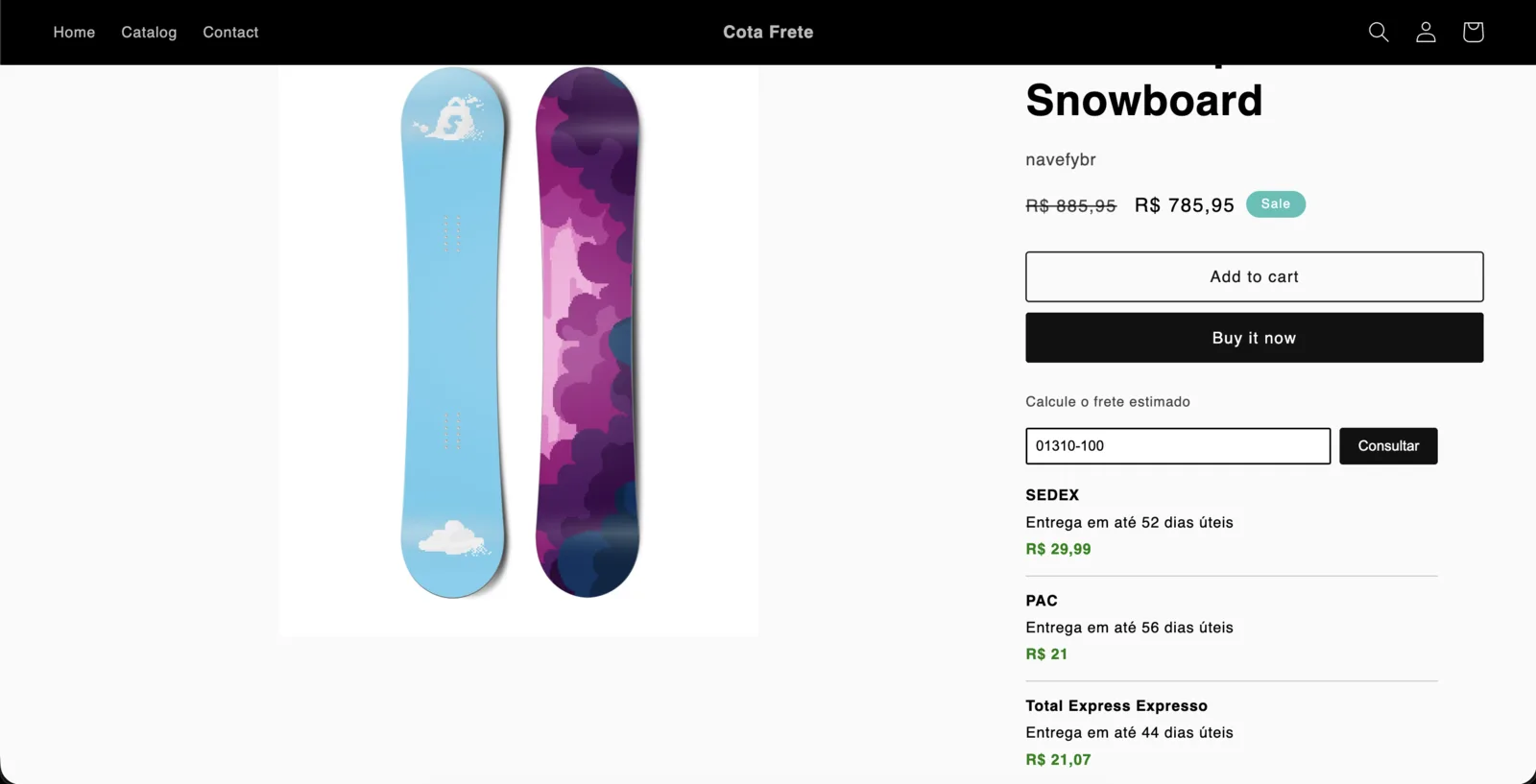 Widget de cotação do Cota Frete na página do produto de uma loja Shopify, com CEP digitado e opções de frete