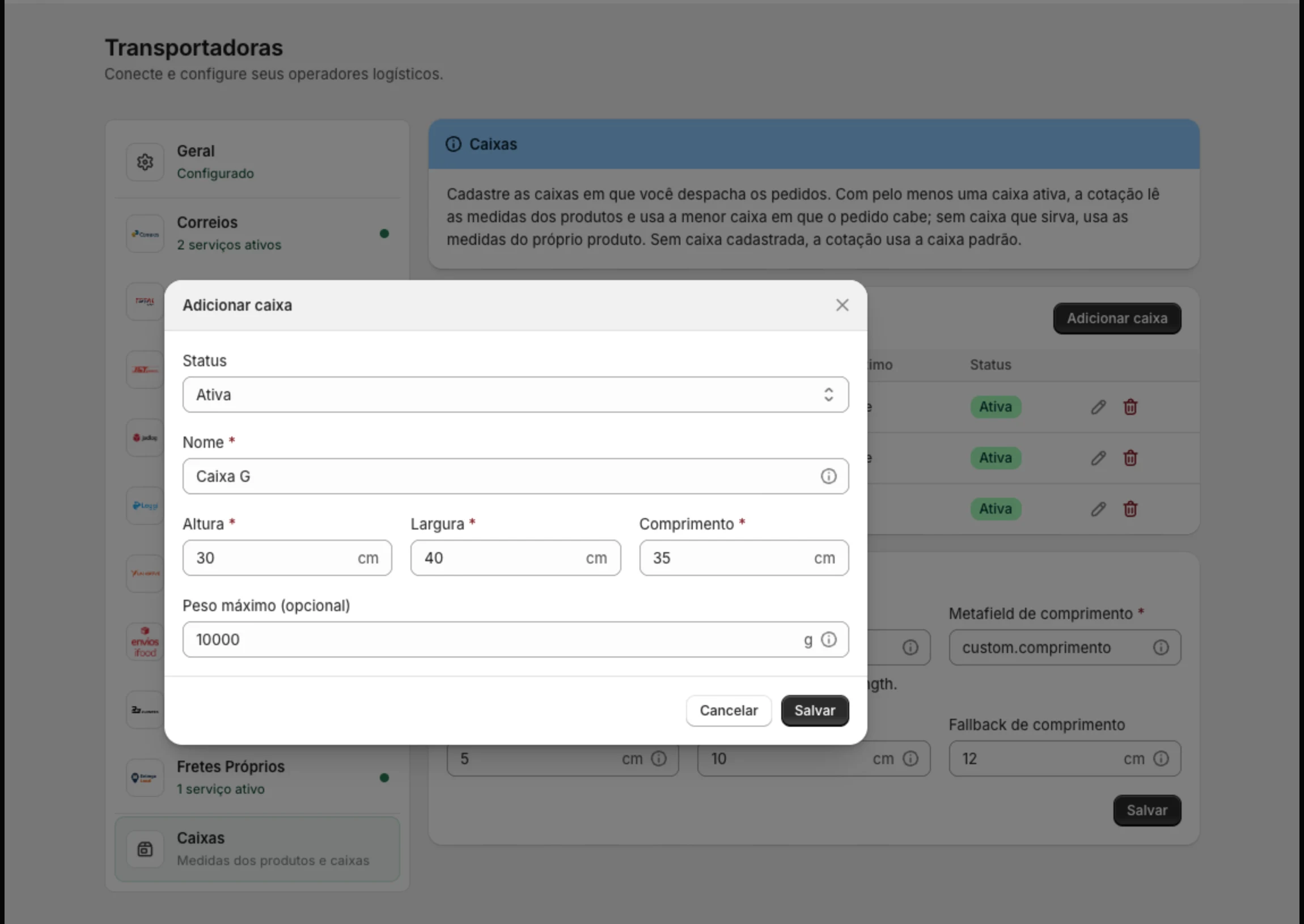 Janela Adicionar caixa com status, nome, altura, largura, comprimento e peso máximo
