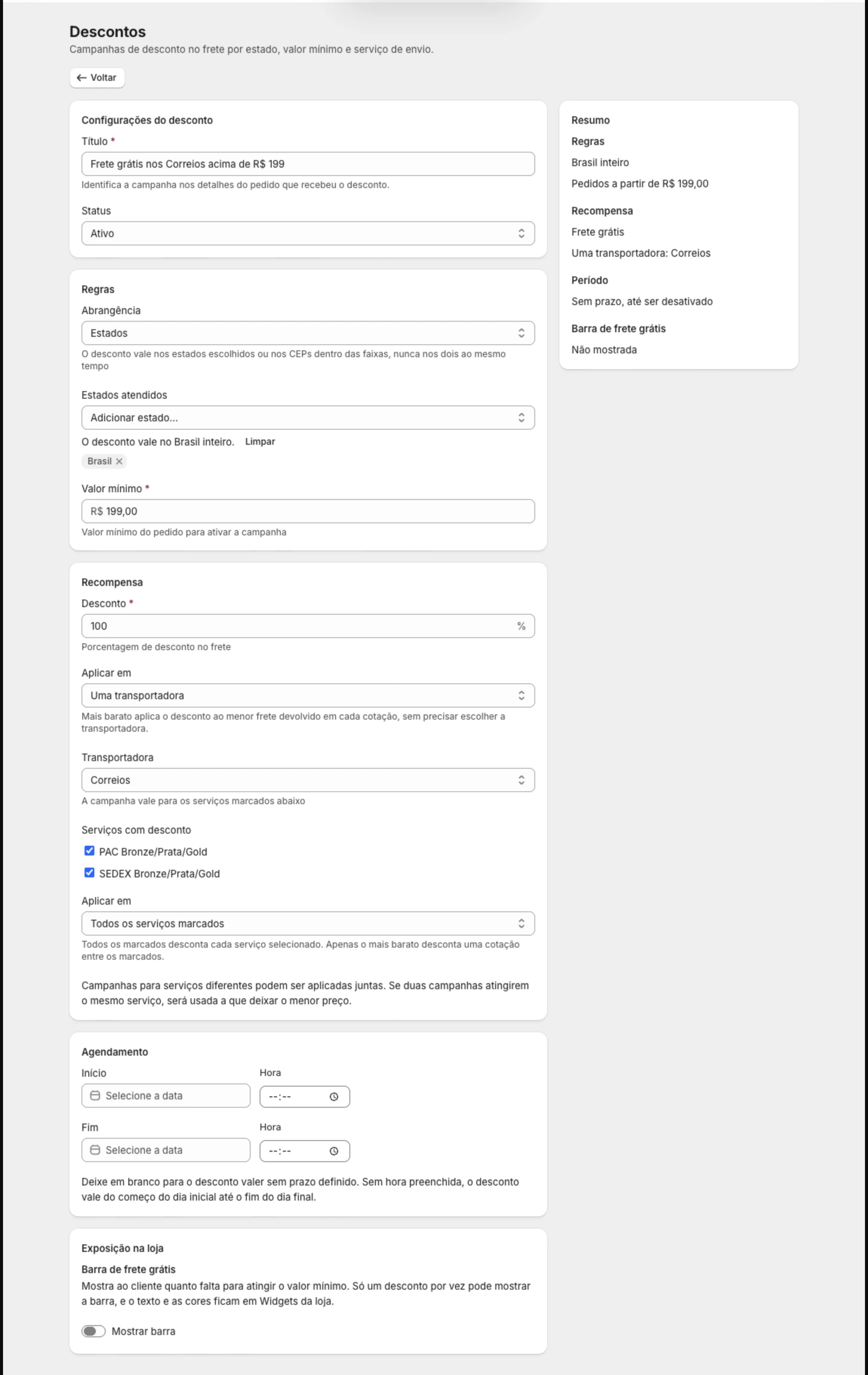 Formulário de desconto com Abrangência, valor mínimo, desconto de 100%, Aplicar em Uma transportadora com serviços marcados e o Resumo