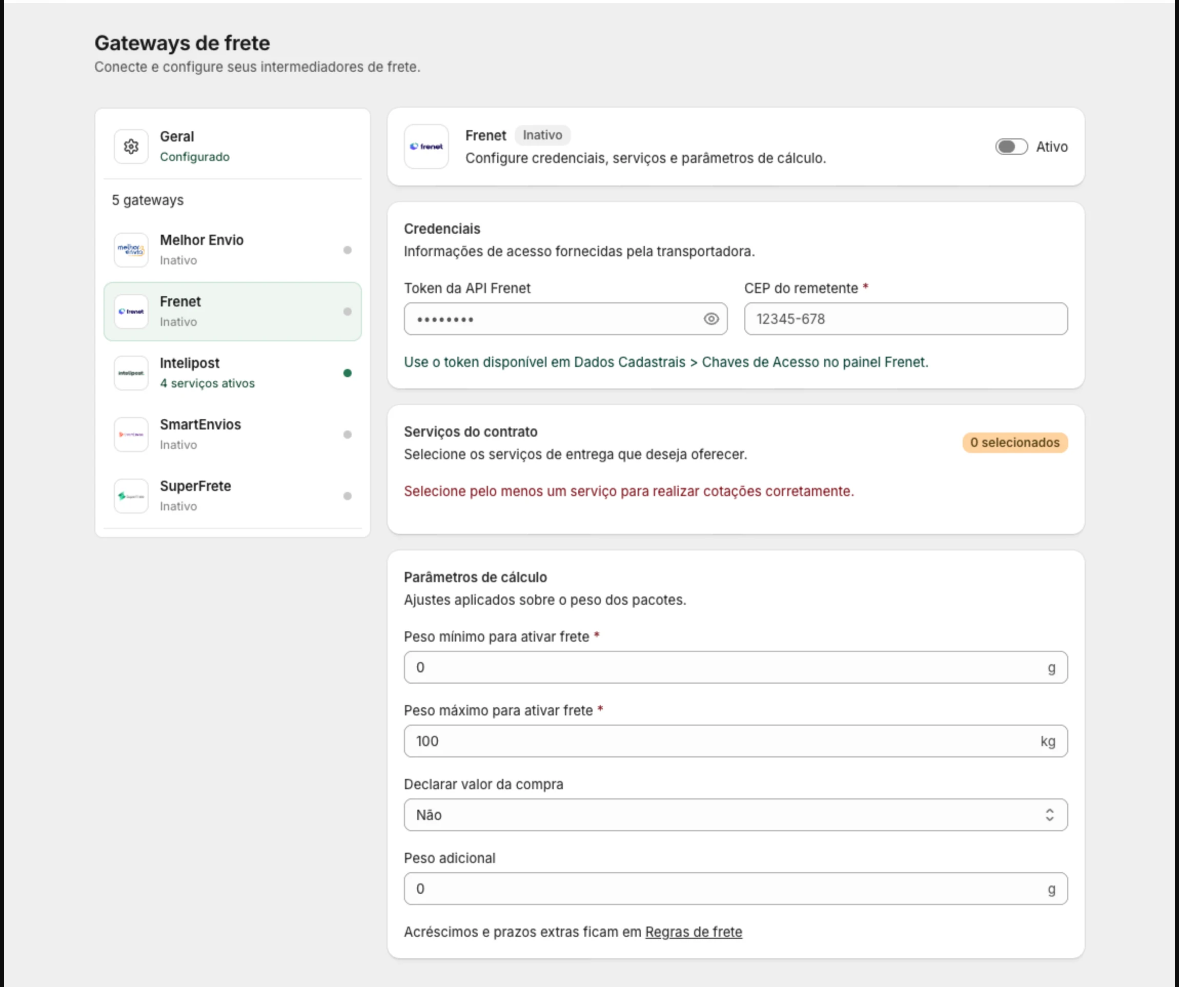 Cartão da Frenet com Credenciais e CEP do remetente, Serviços do contrato e Parâmetros de cálculo, com a customização por gateway ligada
