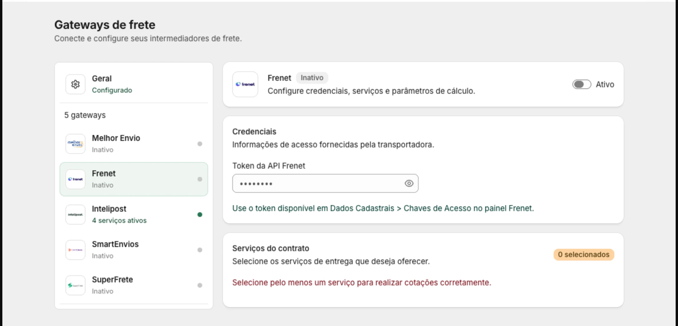Cartão da Frenet com o campo Token da API Frenet