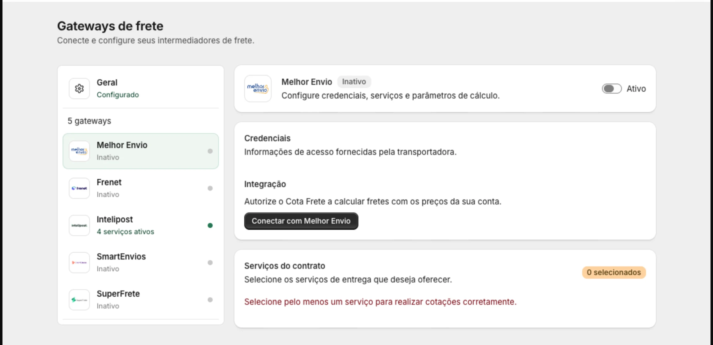 Cartão do Melhor Envio na tela Gateways de frete