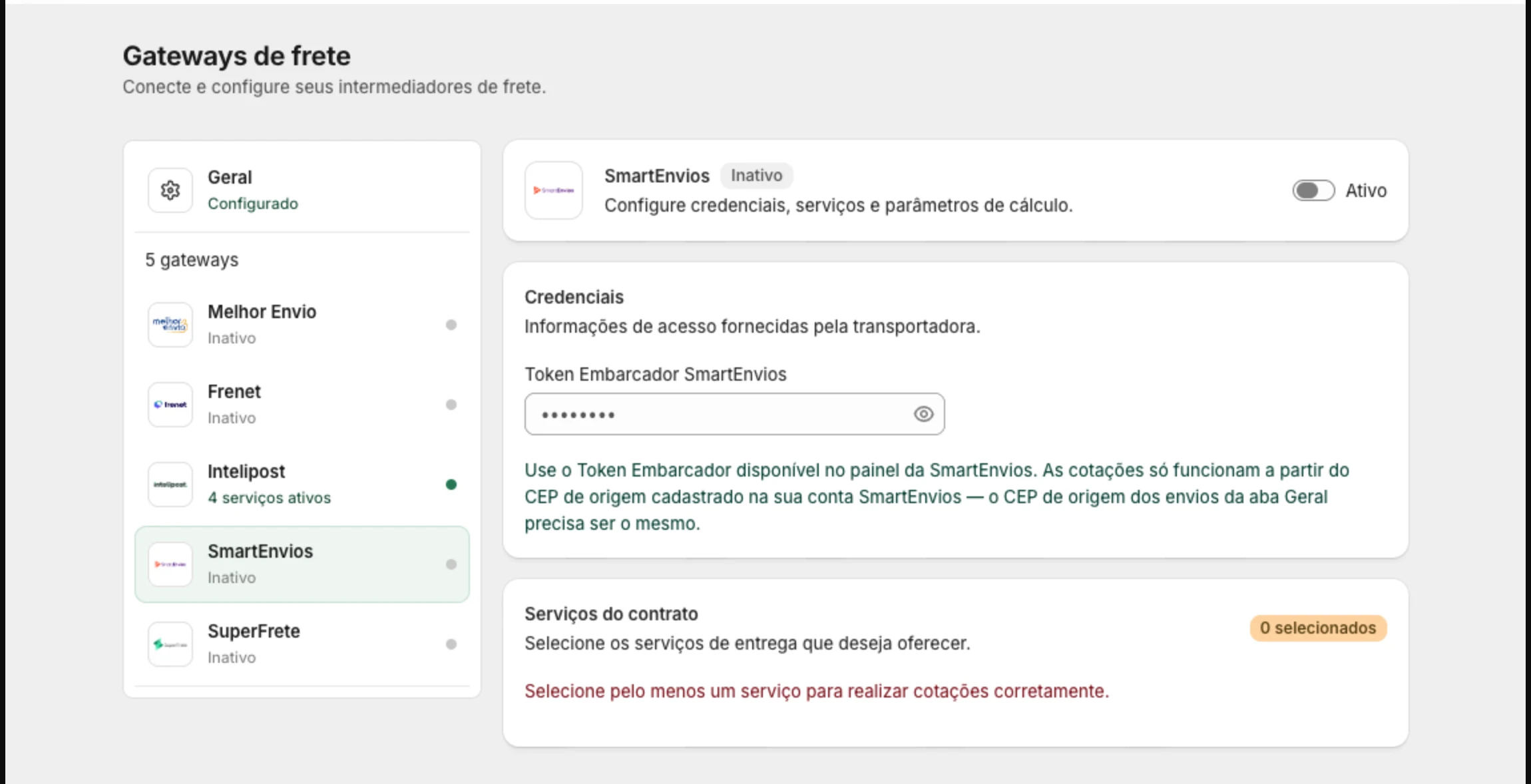 Cartão da SmartEnvios com o campo Token Embarcador