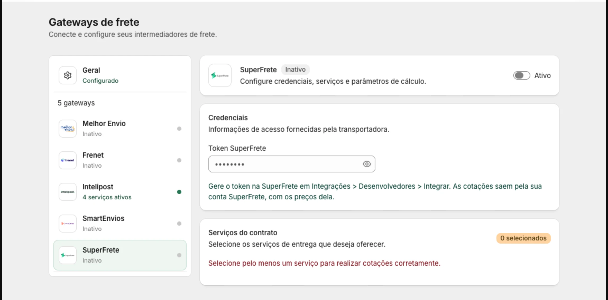 Cartão da SuperFrete com o campo Token SuperFrete