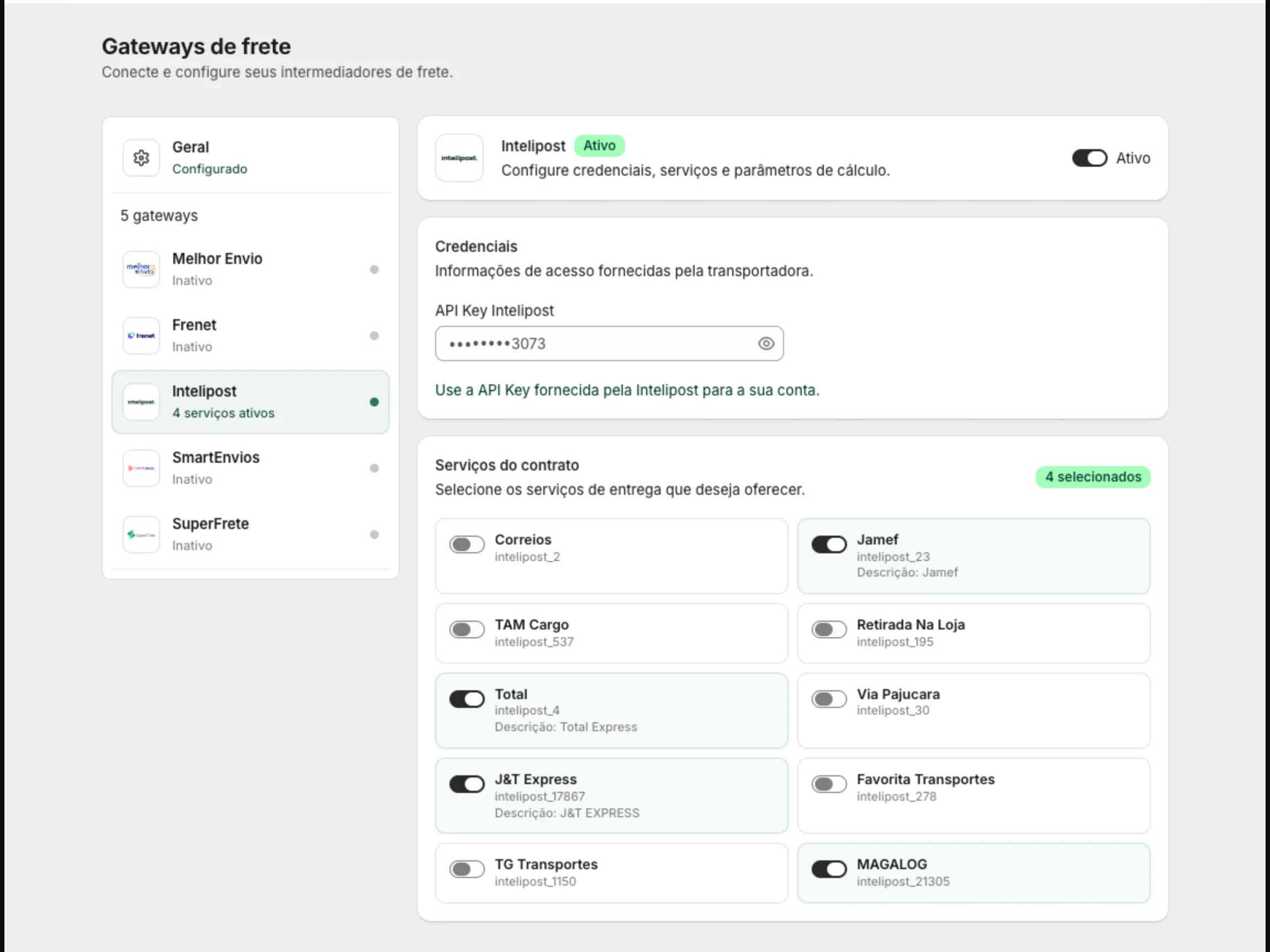 Tela Gateways de frete com a lista de gateways e o cartão da Intelipost aberto