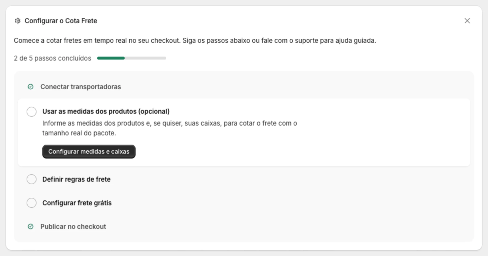 Bloco Configurar o Cota Frete na tela Início, com os cinco passos do guia