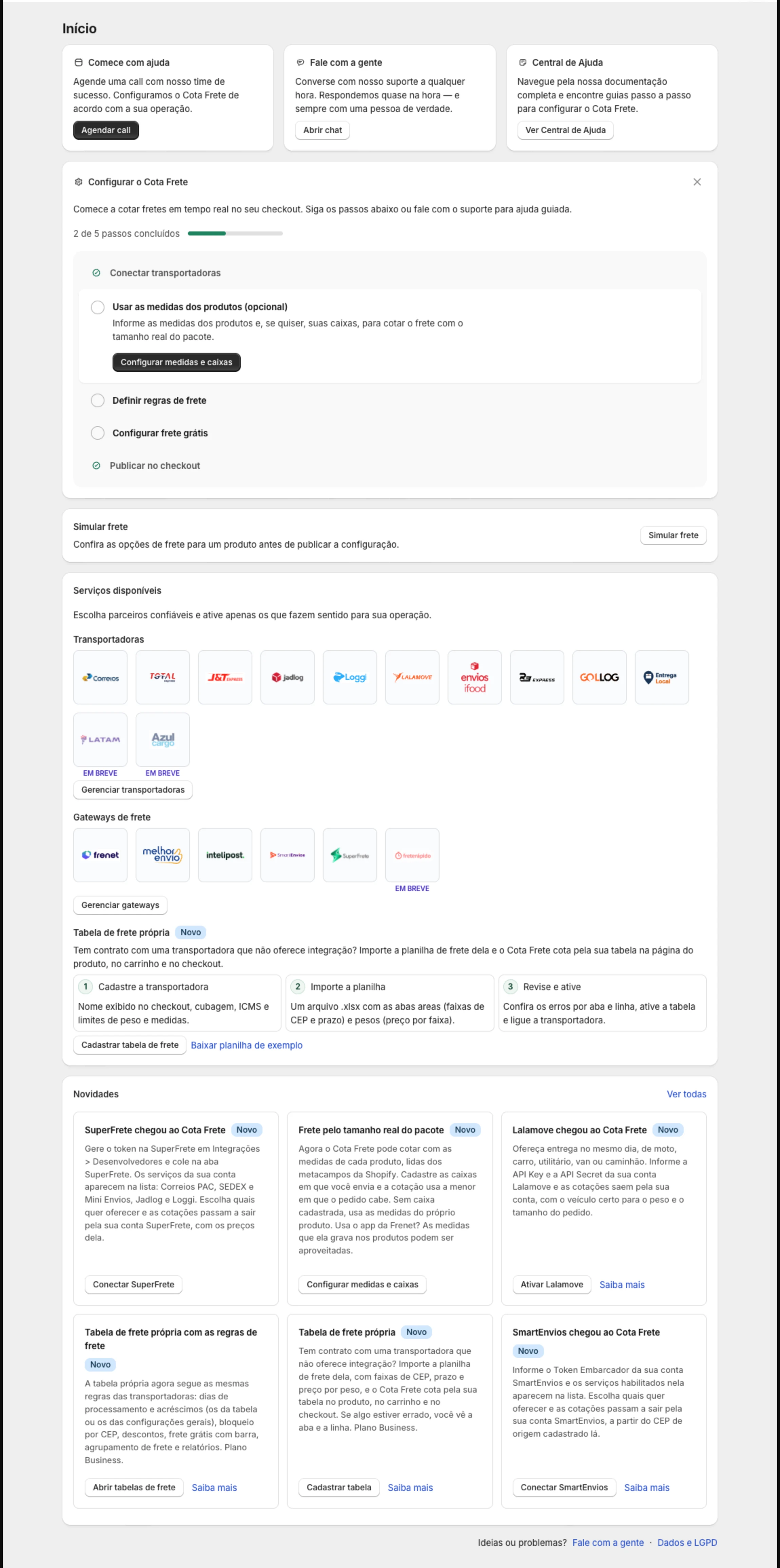 Tela Início do Cota Frete com o guia de configuração, o simulador e os serviços disponíveis