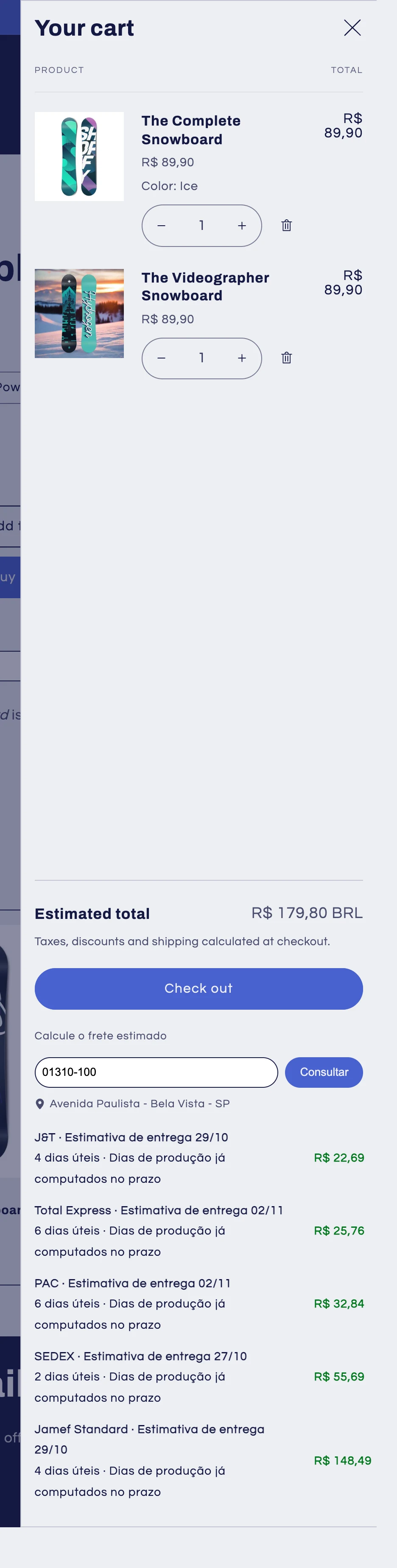 Gaveta do carrinho de uma loja com tema Dawn, com o widget de cotação depois do botão de finalizar a compra
