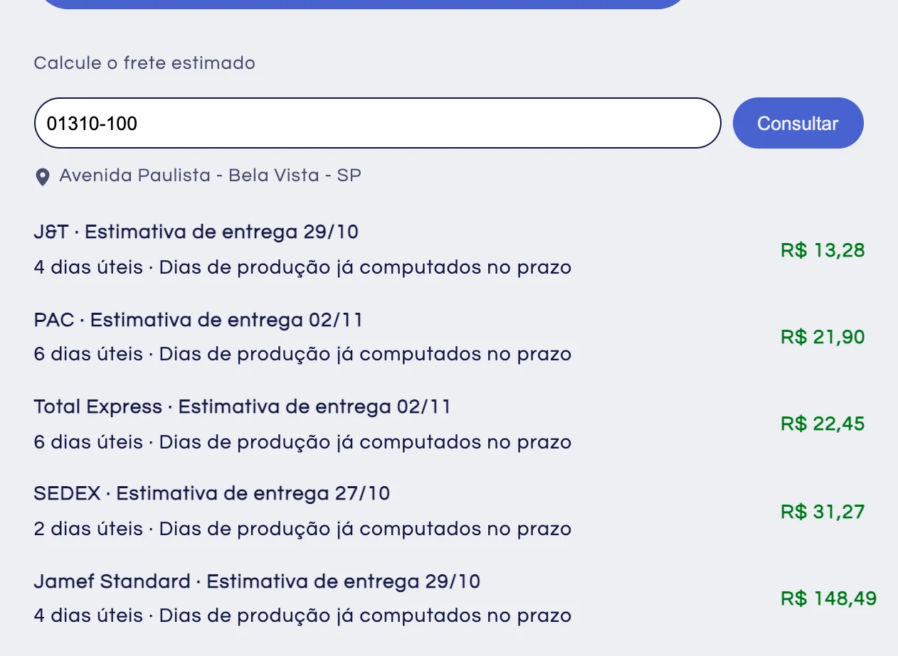 Widget de cotação na página do produto de uma loja com tema Dawn, com o endereço do CEP e as opções de frete