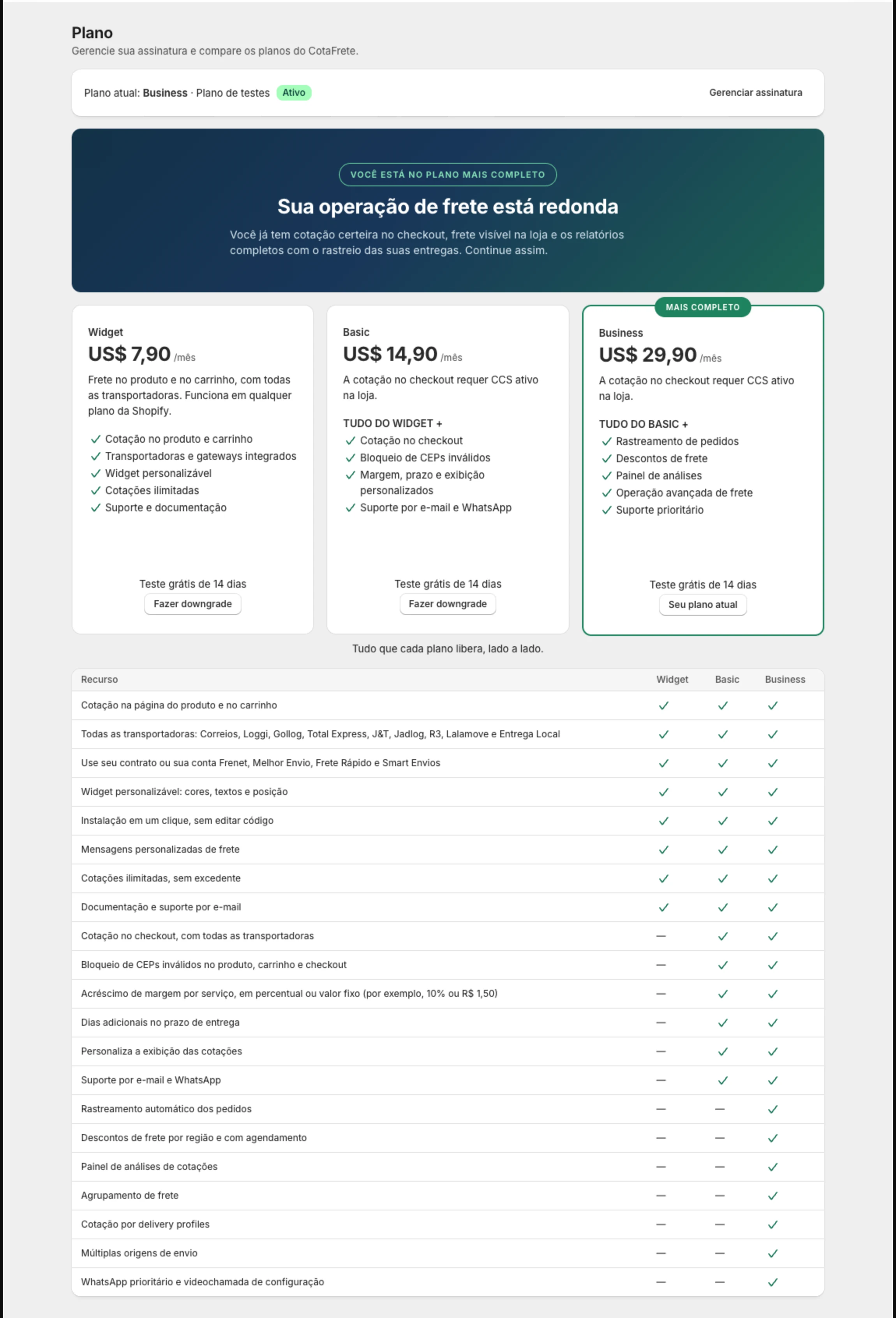 Tela Plano com o plano atual, os cartões Widget, Basic e Business e a tabela Compare os planos