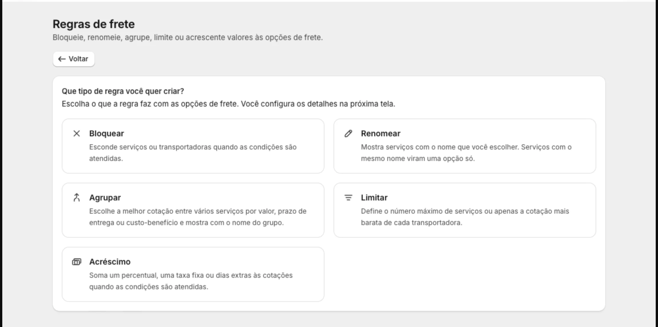 Tela Que tipo de regra você quer criar, com os cinco tipos