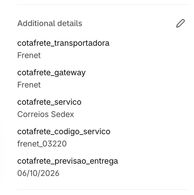 Bloco de detalhes adicionais de um pedido no admin da Shopify com os atributos cotafrete_transportadora, cotafrete_gateway, cotafrete_servico, cotafrete_codigo_servico e cotafrete_previsao_entrega (admin em inglês)