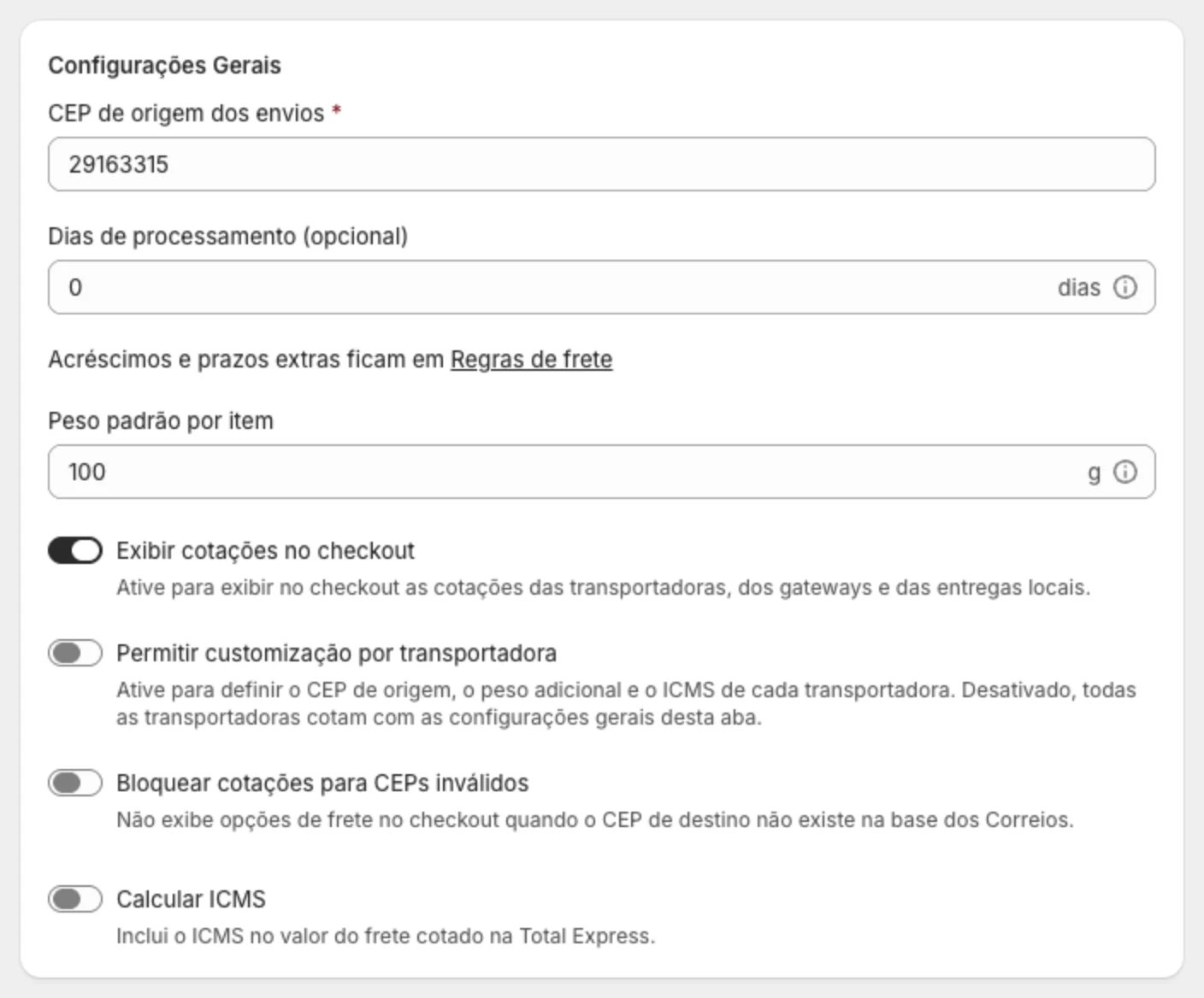 Cartão Configurações Gerais da aba Geral, com a chave Exibir cotações no checkout