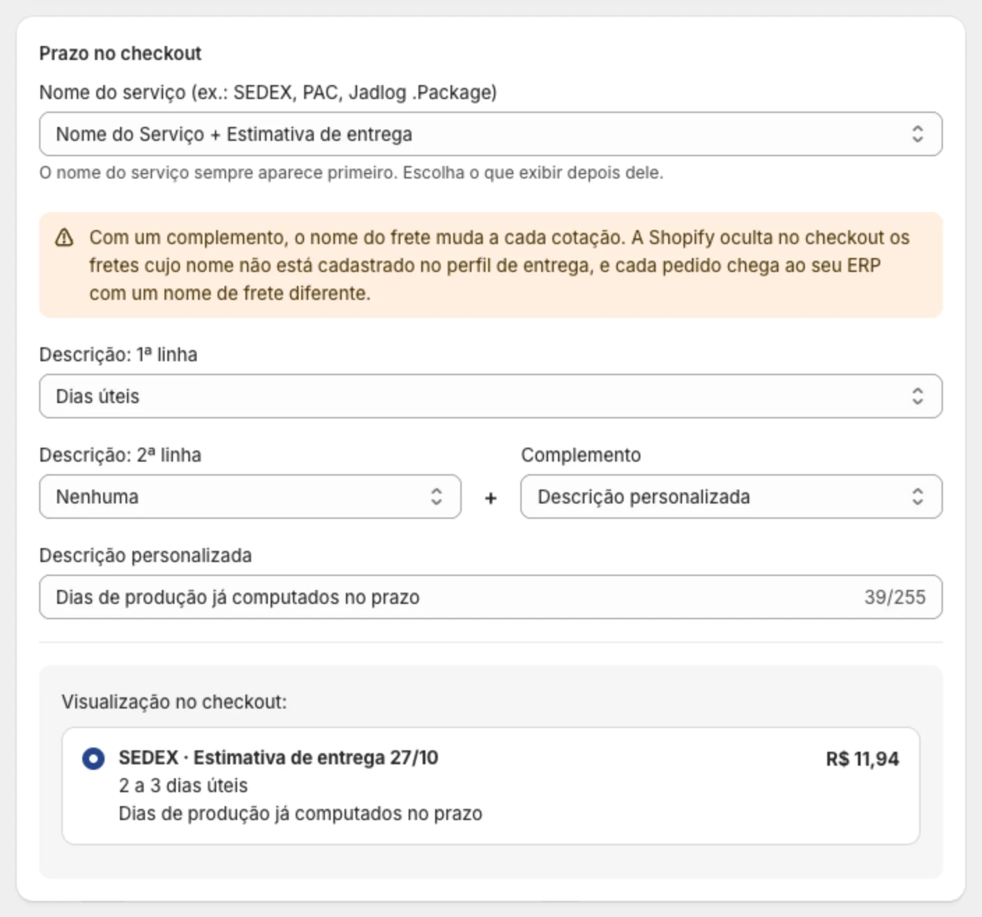 Cartão Prazo no checkout com os seletores de nome e descrição e a Visualização no checkout