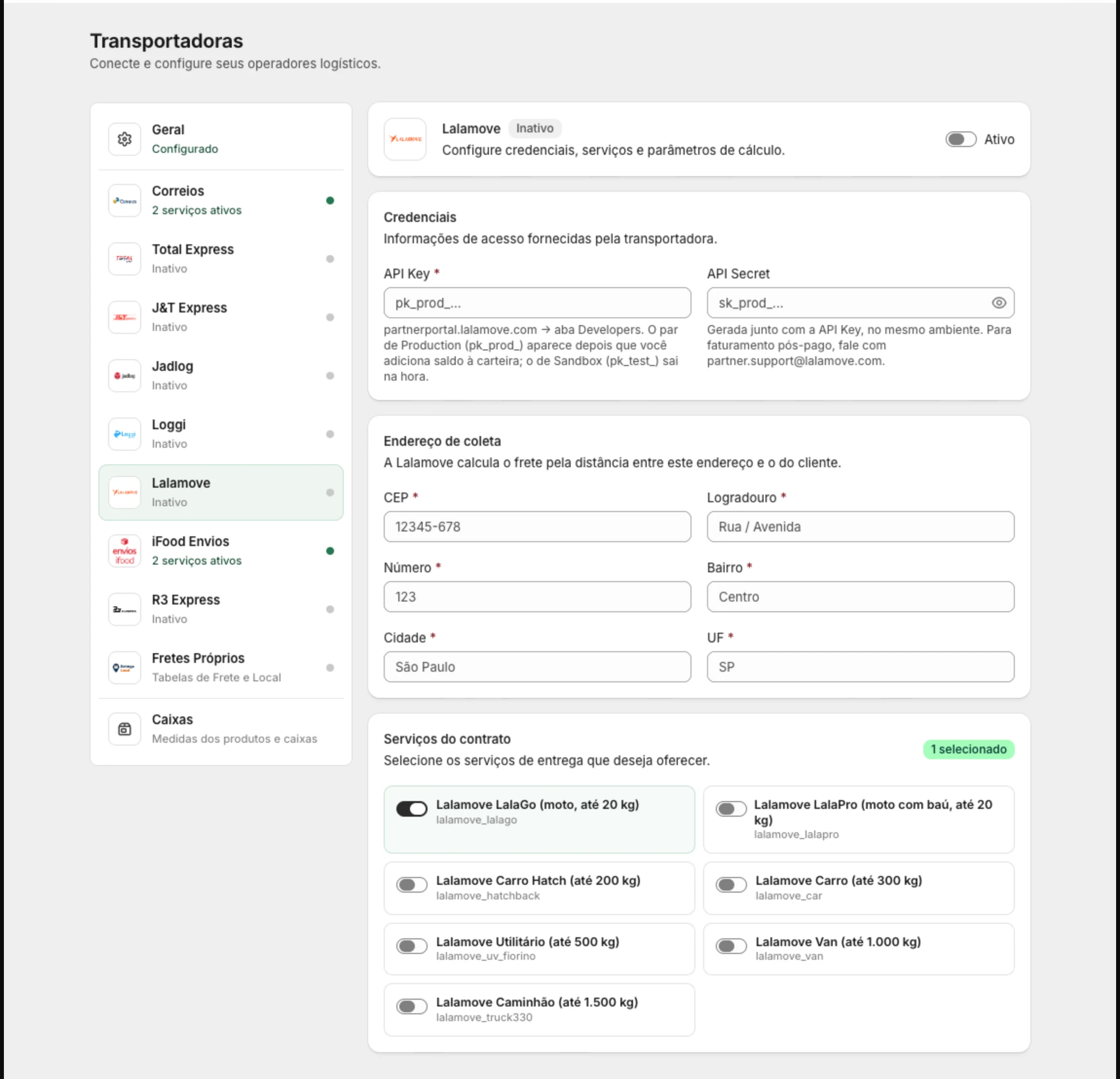 Aba Lalamove com API Key, API Secret, endereço de coleta e veículos