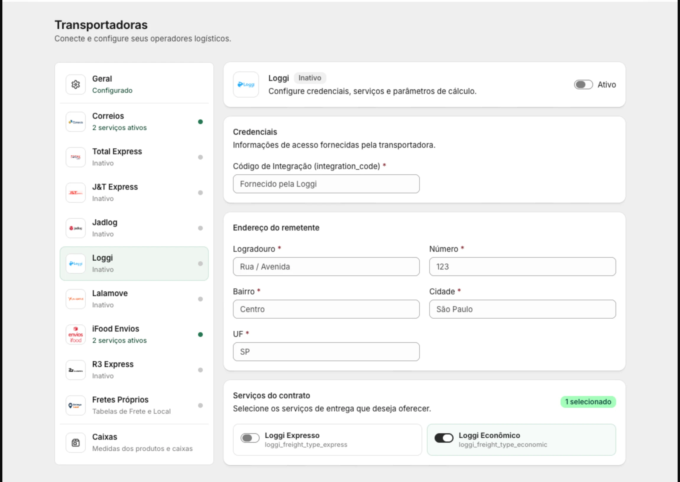 Aba Loggi com o Código de Integração e o endereço do remetente