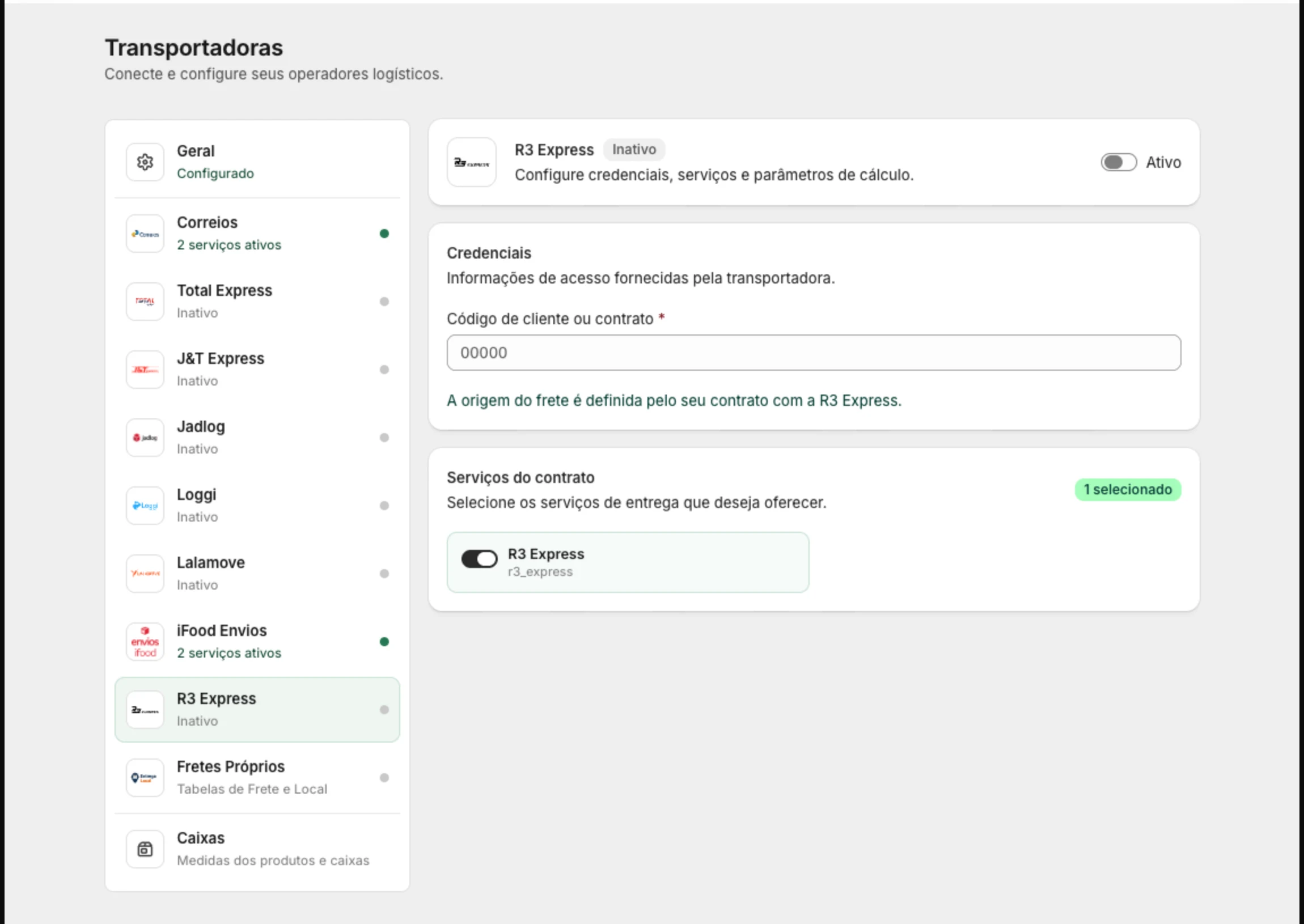 Aba R3 Express com o campo Código de cliente ou contrato