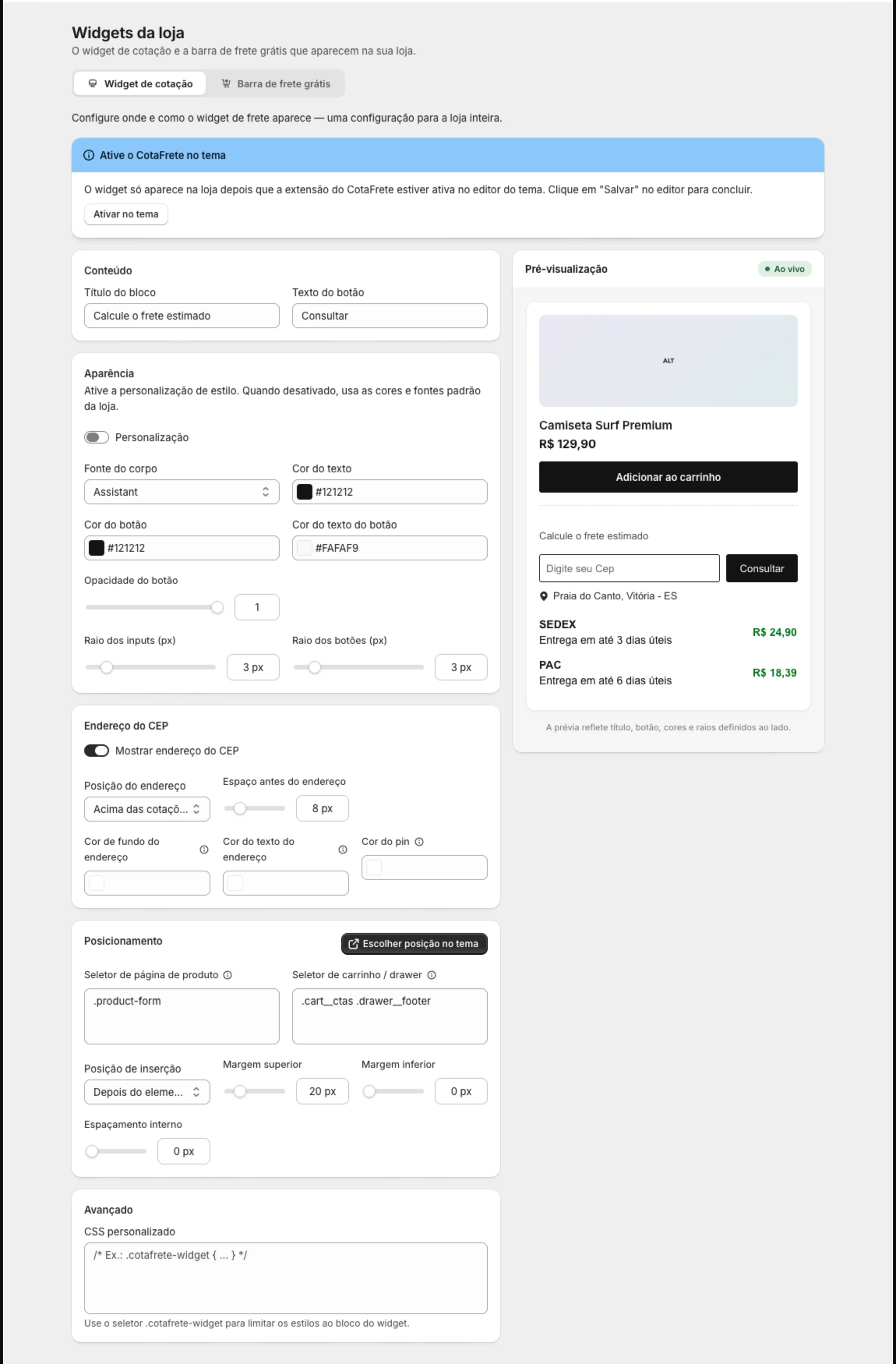 Tela Widgets da loja, aba Widget de cotação, com a aparência, o posicionamento e a pré-visualização